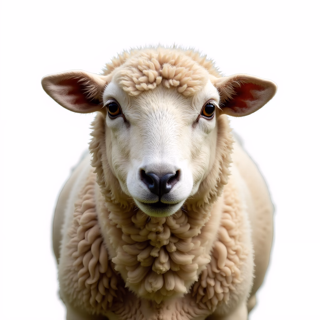 Close-up portrait of a sheep with curly wool, set against a plain white background.