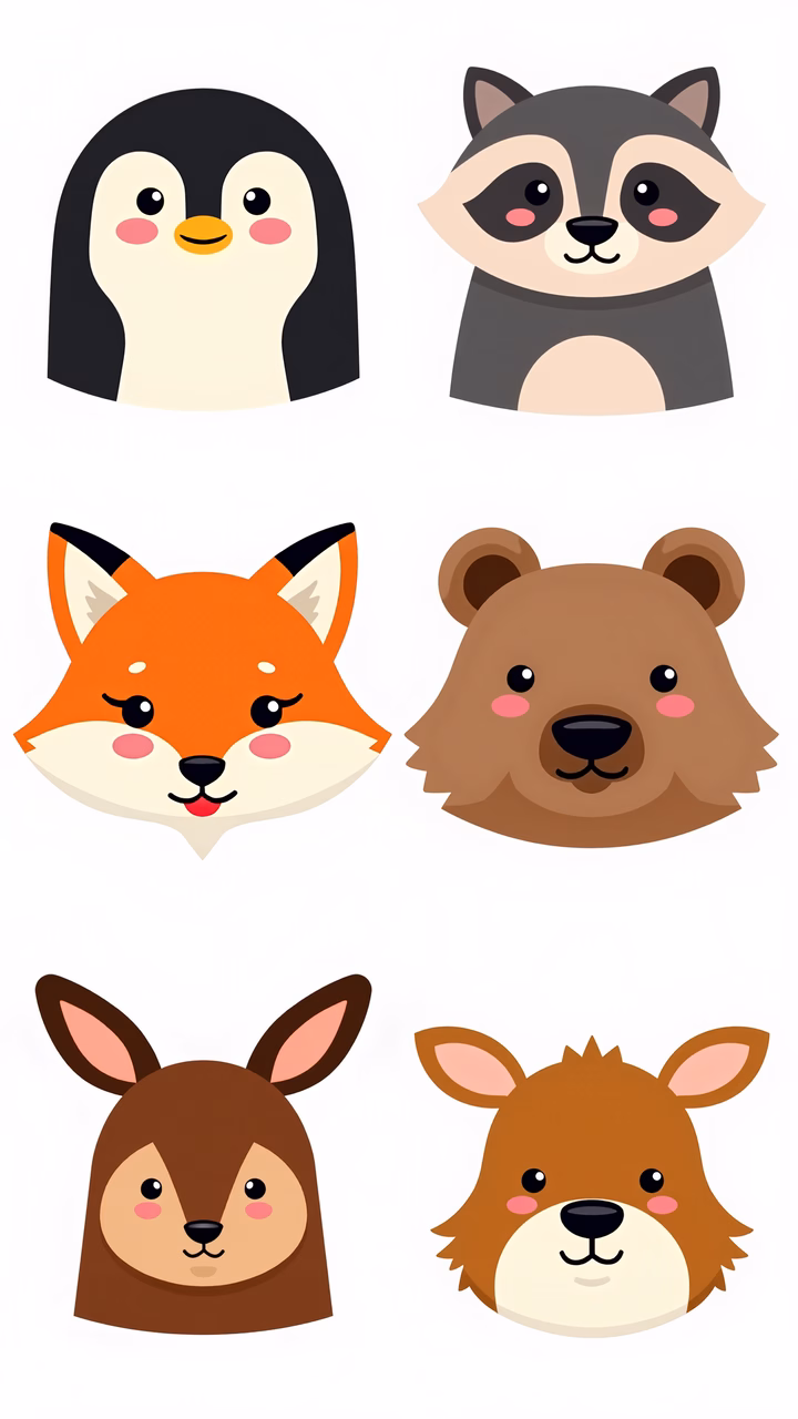 Cute animal faces in a playful, cartoonish style.