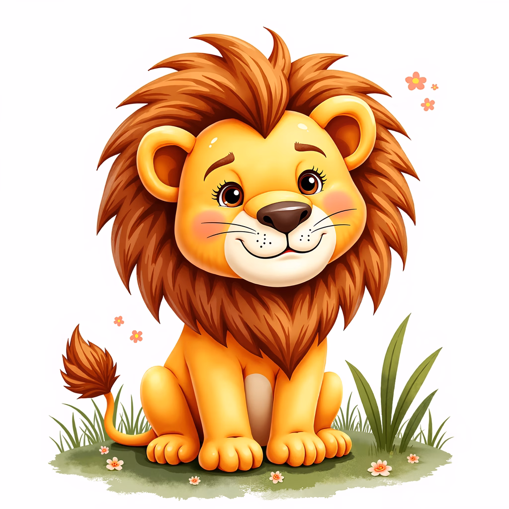 A cute cartoon lion sitting on a grassy patch surrounded by delicate pink flowers.
