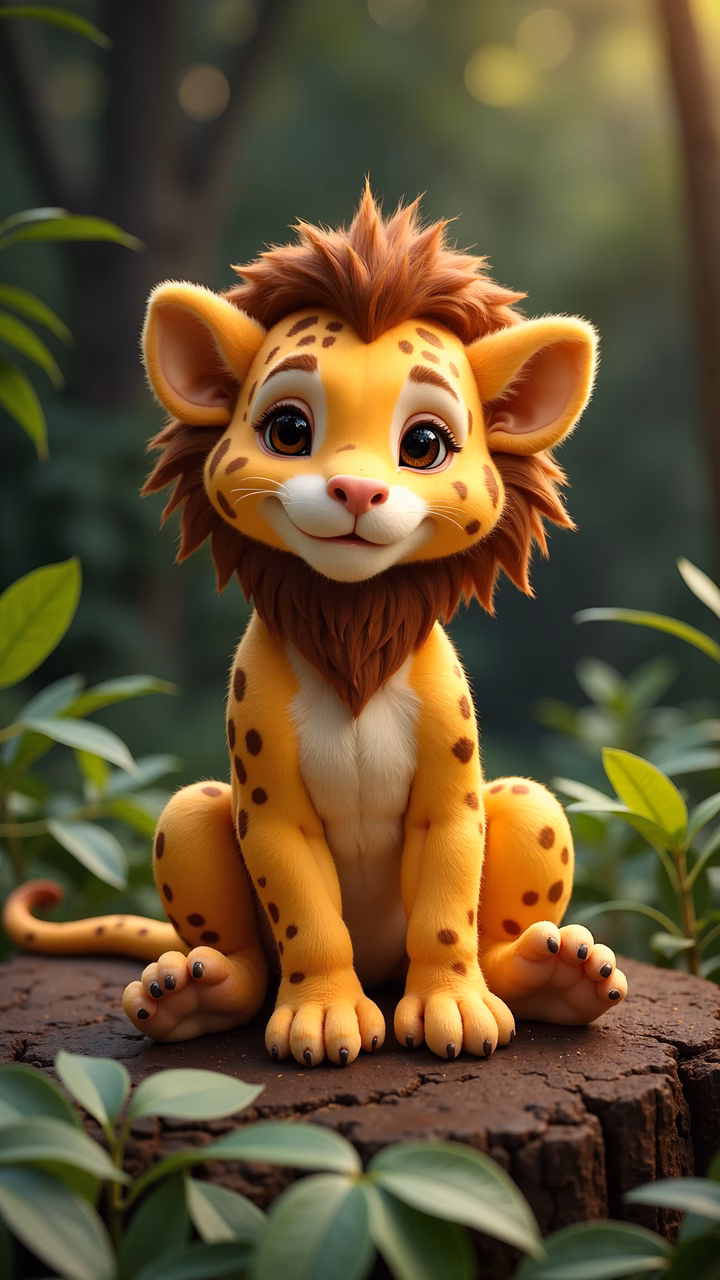 A cute cartoon lion cub sitting on a tree stump amidst greenery, exuding warmth and innocence.