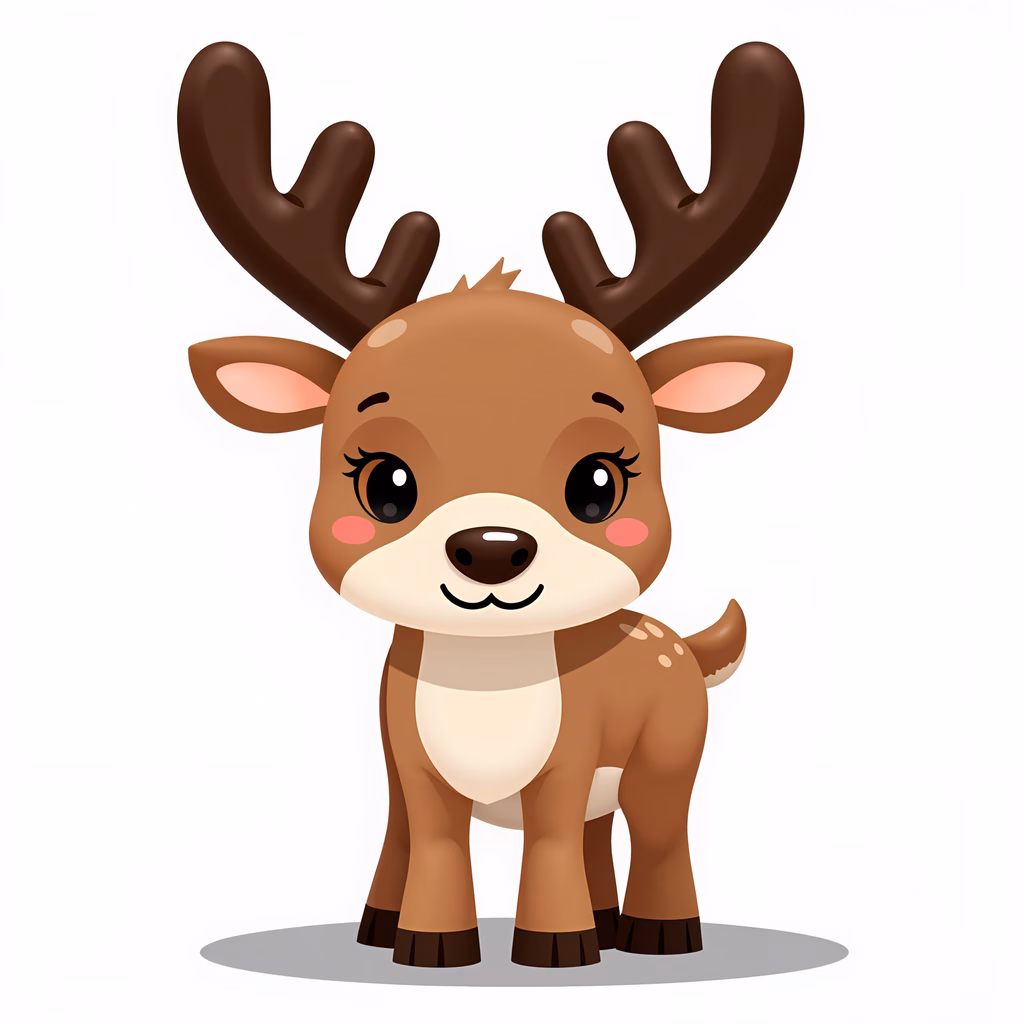 A cheerful cartoon reindeer with big eyes and antlers, perfect for children's art.