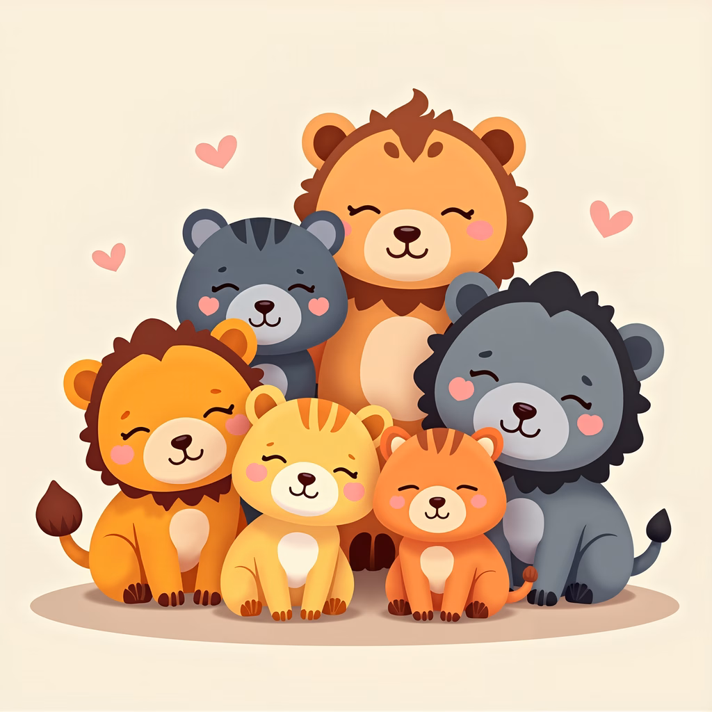 A heartwarming lion family illustration with soft colors and playful expressions.
