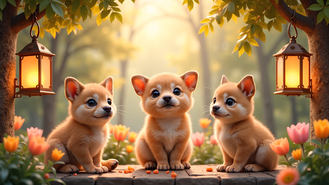 Three cute puppies in a magical garden with glowing lanterns and tulips.