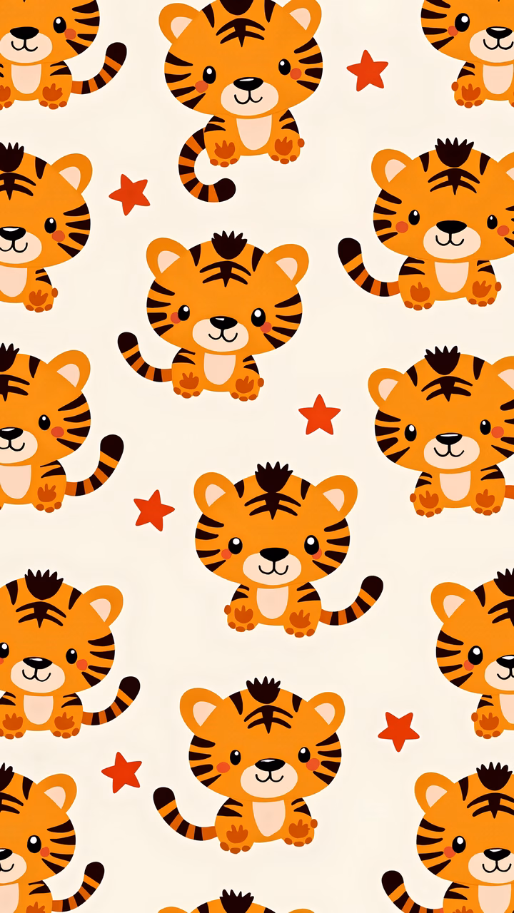 A charming pattern of cartoon tigers on a cream background with red stars.