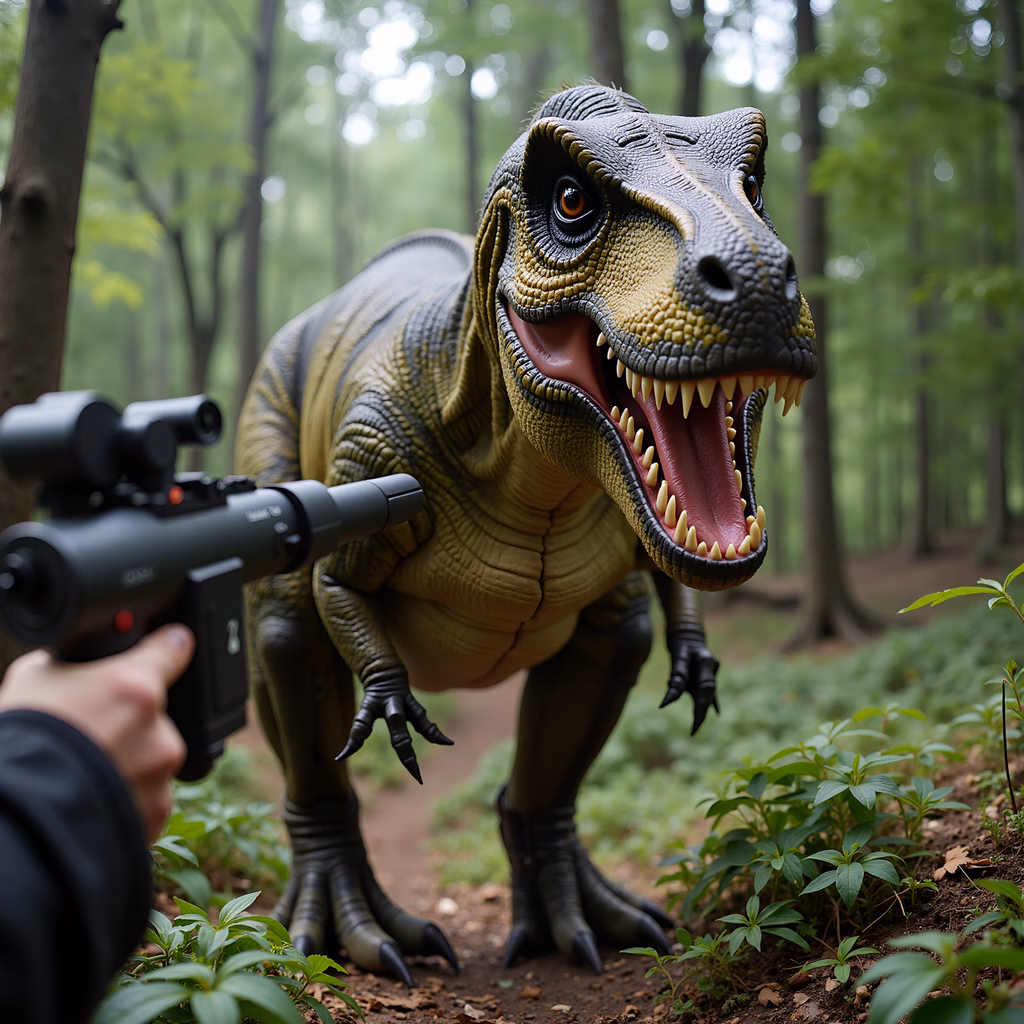 Close-up of a T-Rex dinosaur model in a forest setting, with vibrant green foliage and dappled sunlight filtering through the trees.
