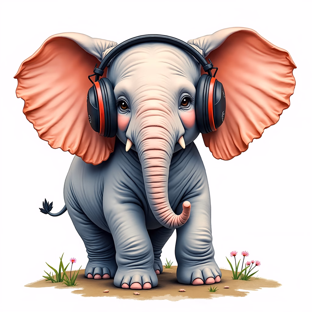 A cute baby elephant listening to music in a natural setting.