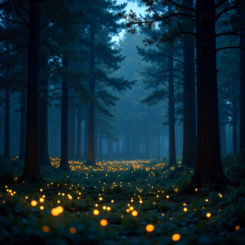 Mystical forest with glowing mushrooms at dusk.