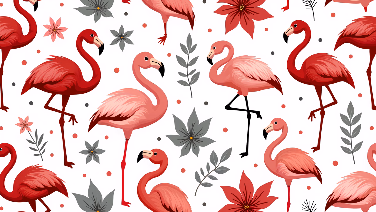 Vibrant flamingo pattern on a white background, featuring flowers and foliage.