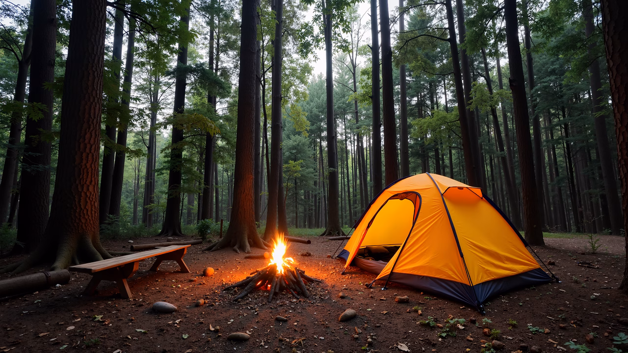 A tranquil forest campsite with a glowing campfire and a vibrant tent.