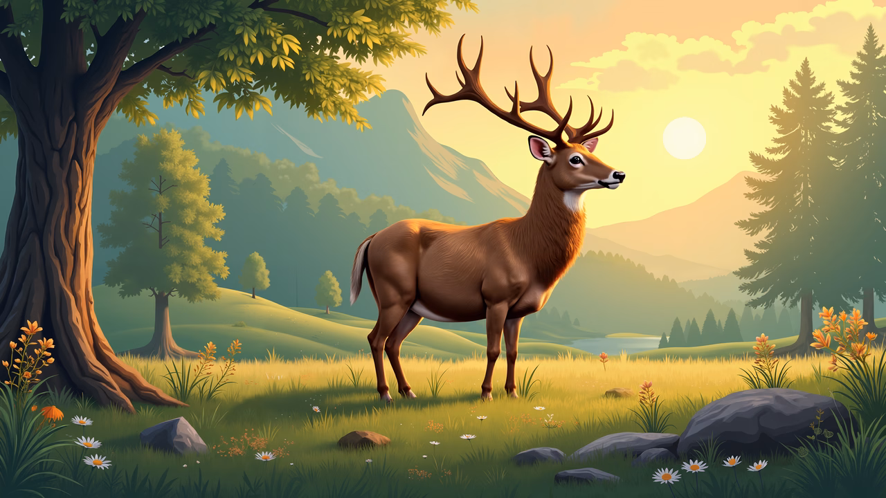 A serene forest scene featuring a majestic deer during sunset, showcasing vibrant colors and natural beauty.