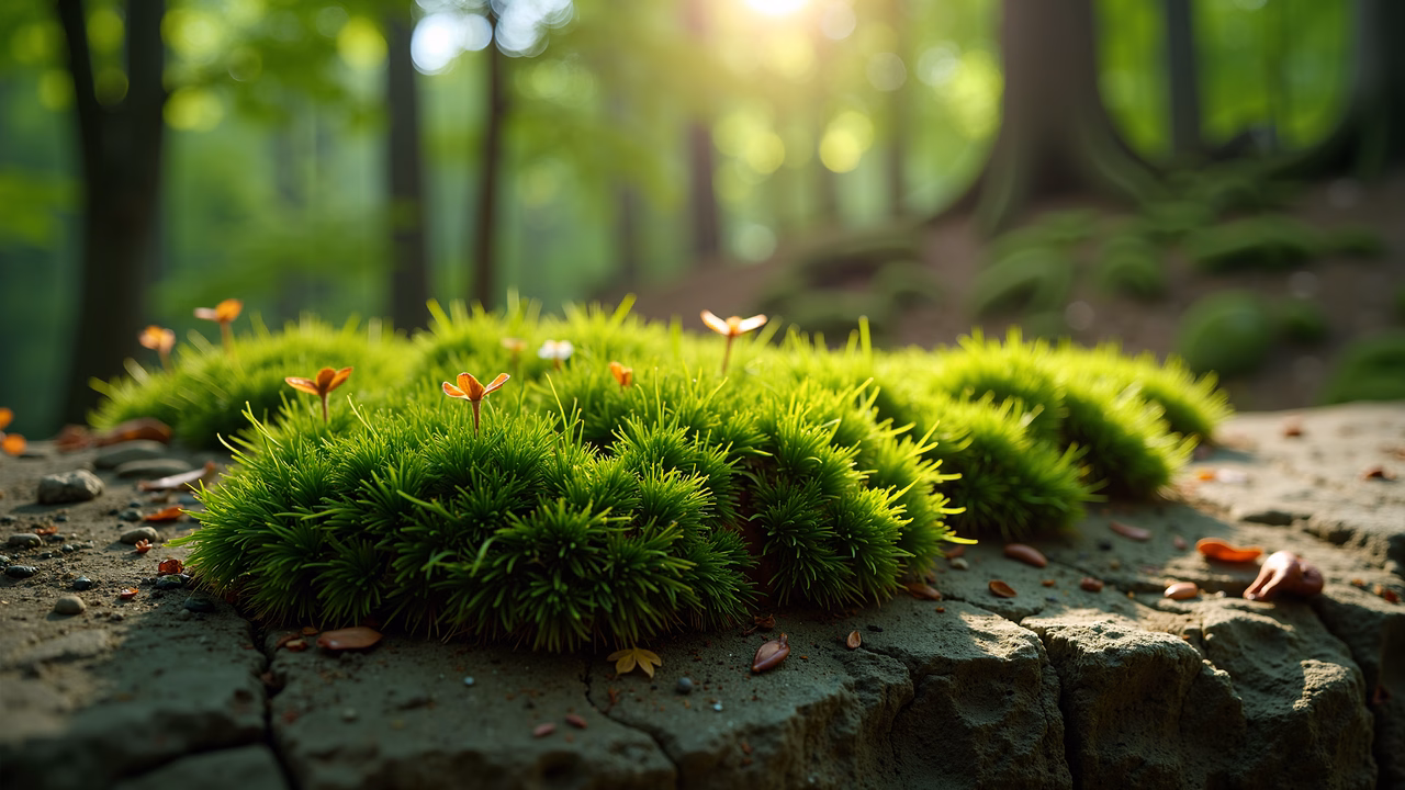 A tranquil forest floor scene with vibrant green mosses and delicate orange flowers.