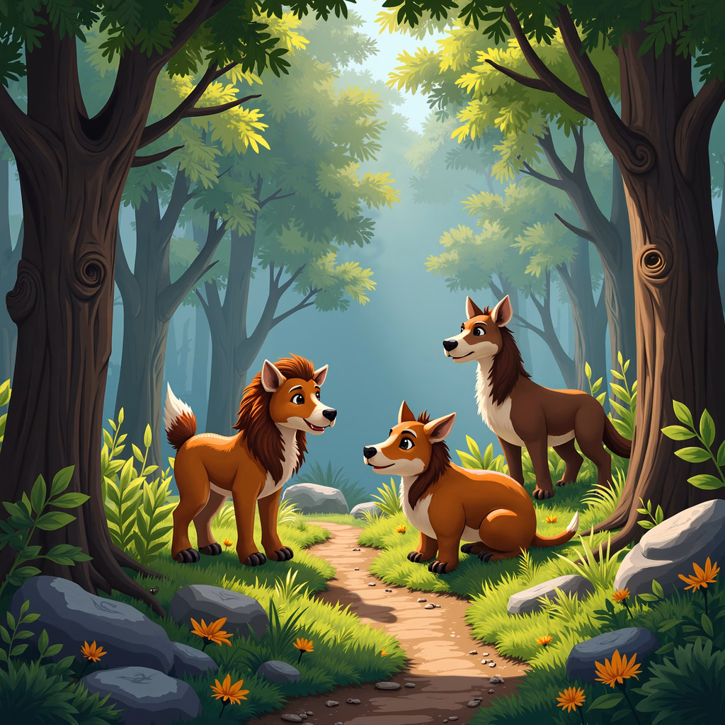 Three foxes in a vibrant forest setting, perfect for children's stories.