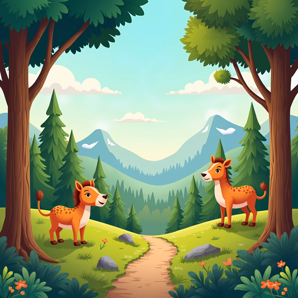 Two friendly deer in a vibrant forest setting, perfect for children’s stories.