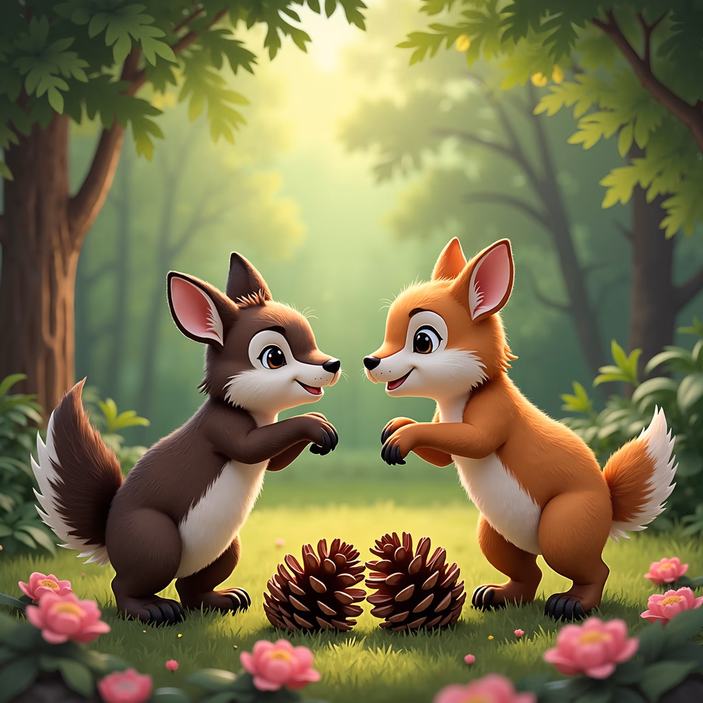 Two cute cartoon foxes in a colorful forest setting, promoting friendship and nature.