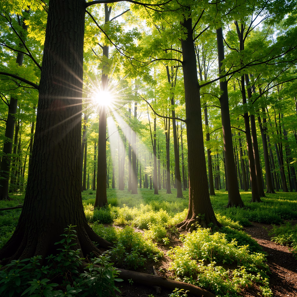 Golden sunlight filters through a lush forest, creating a serene and inviting atmosphere.