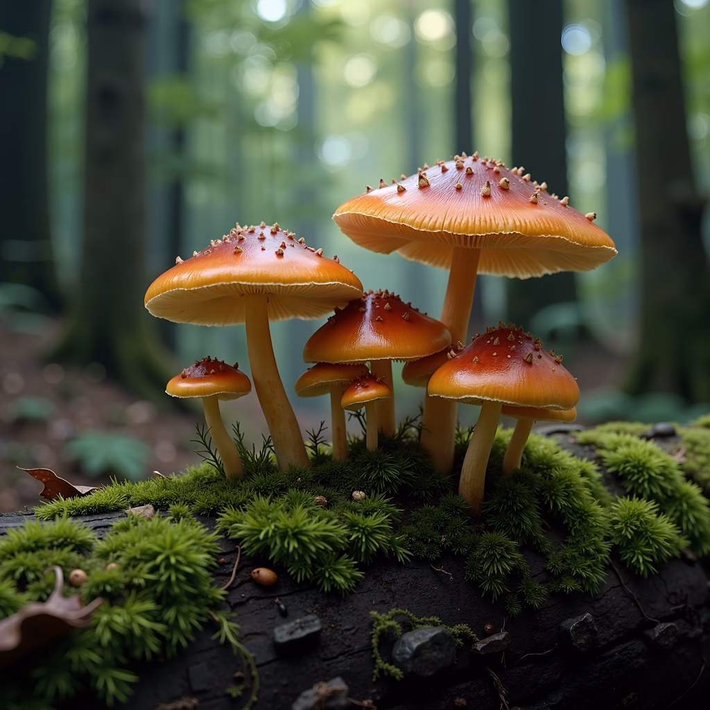 Vibrant orange mushrooms in a lush green forest setting.