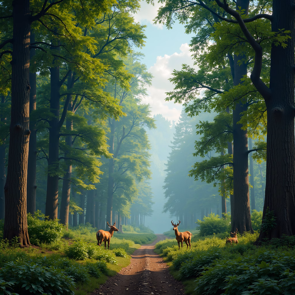 A tranquil forest path with deer, lush greenery, and soft natural light.
