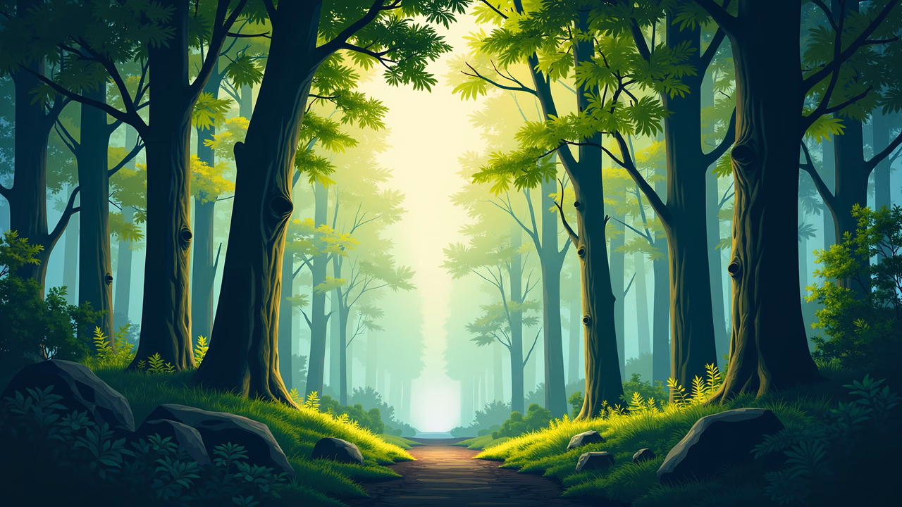 A tranquil forest path with tall trees and filtered sunlight.