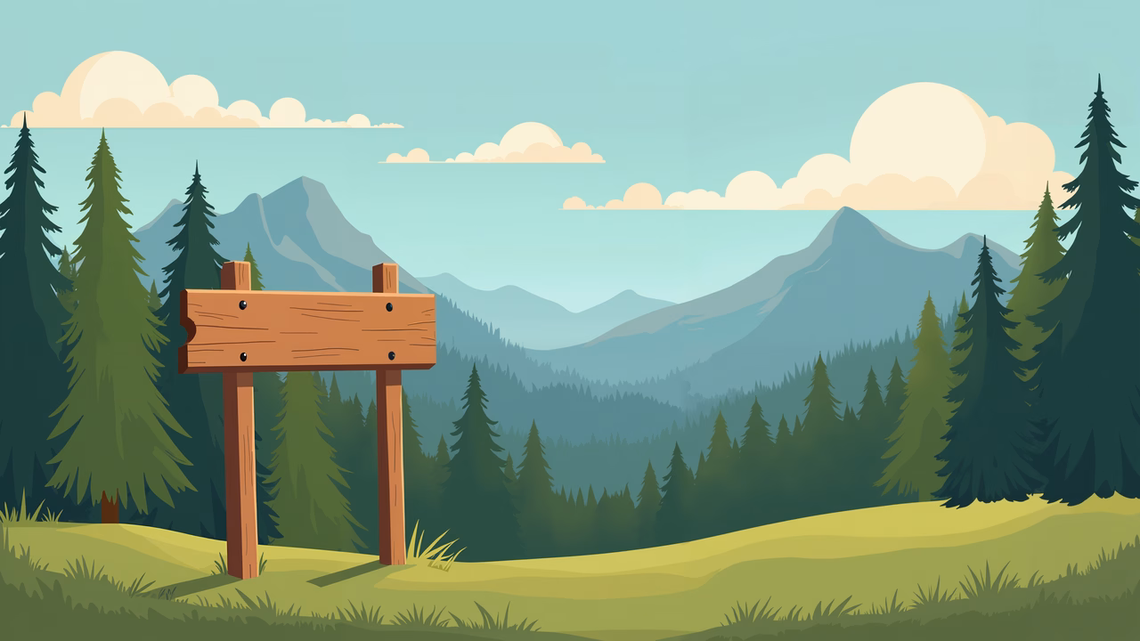 A tranquil forest path with a wooden signpost and lush greenery.