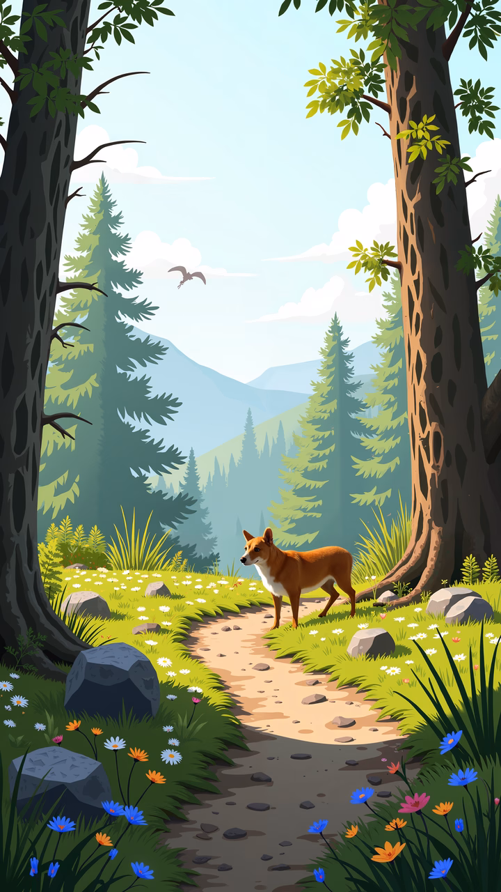 A peaceful forest path with a dog amidst nature's splendor.