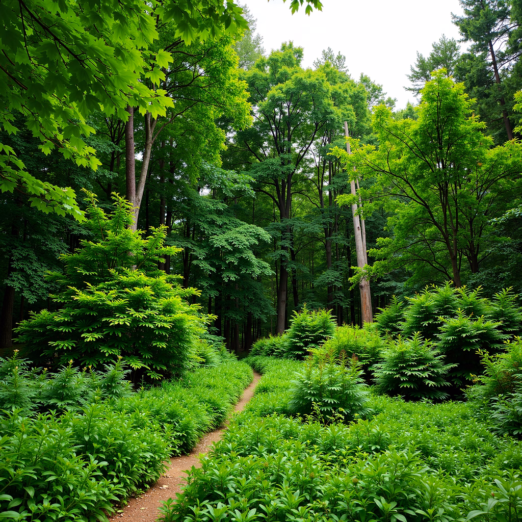 A tranquil forest pathway surrounded by lush greenery and tall trees.
