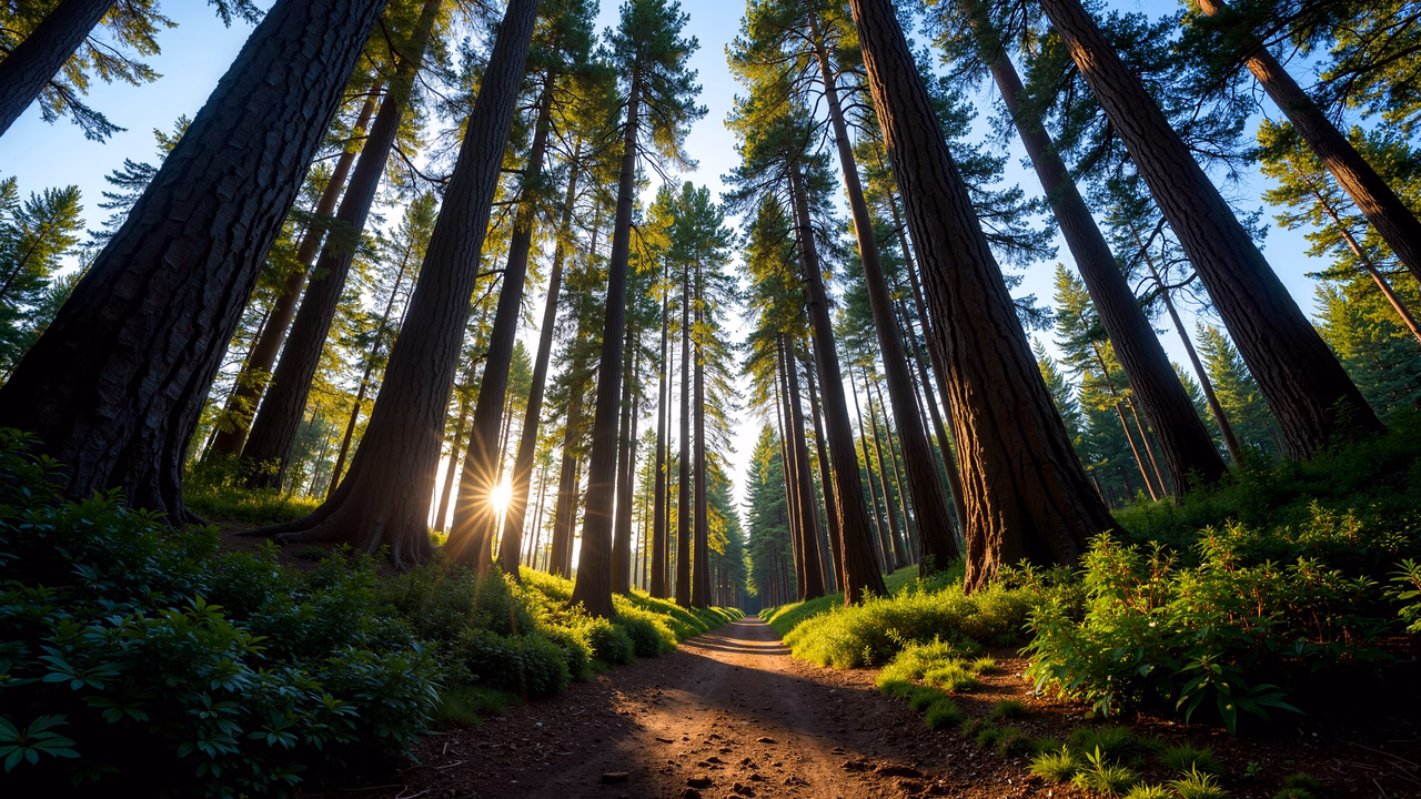 Sunlit forest pathway surrounded by tall trees and lush greenery.