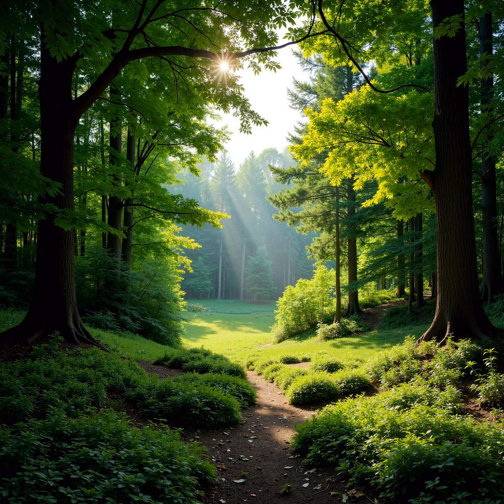 Golden sunlight filters through a lush green forest pathway, creating a serene and inviting atmosphere.