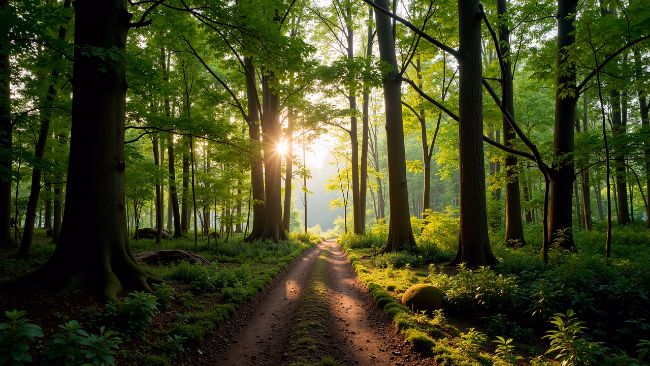 A peaceful forest pathway illuminated by morning sunlight, showcasing nature's tranquility.