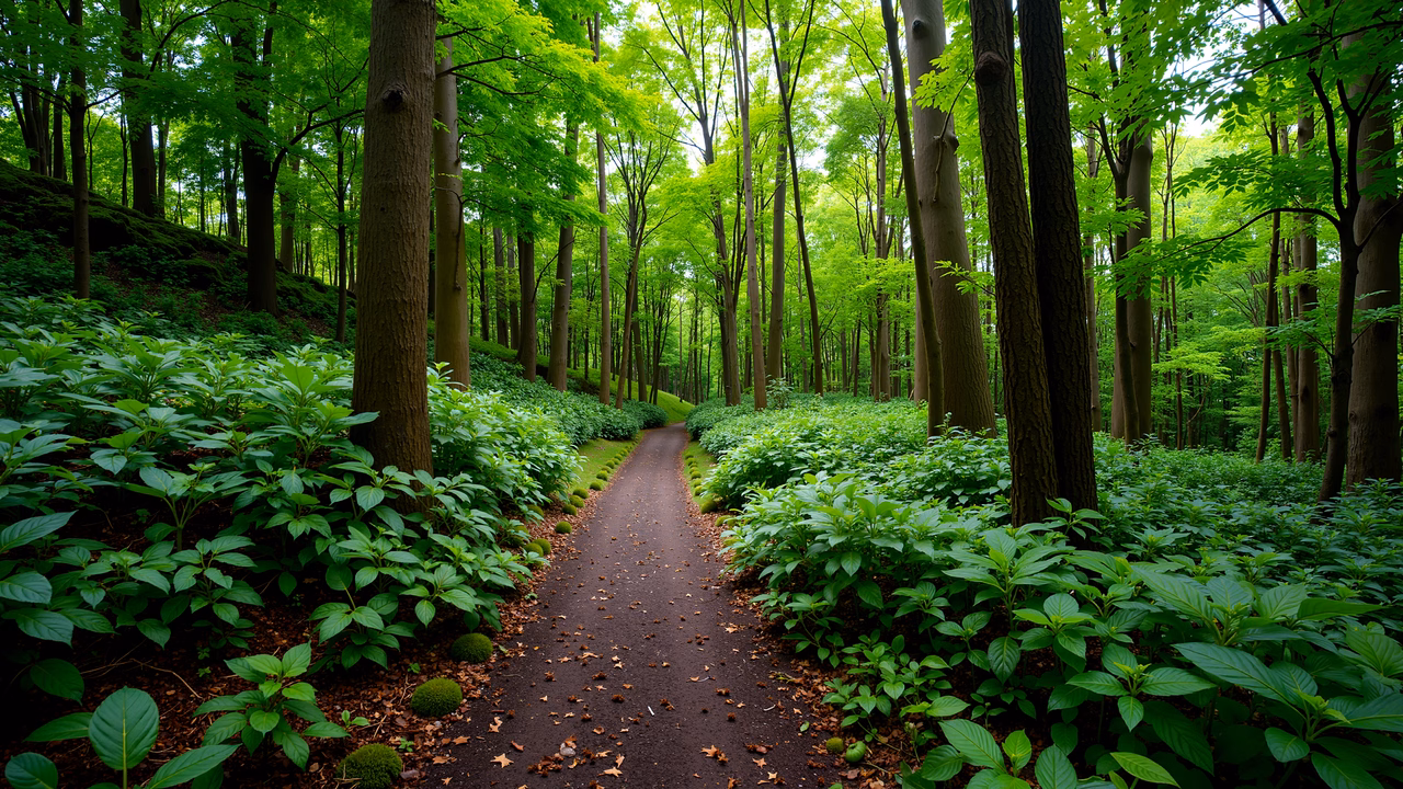 A peaceful forest pathway surrounded by lush greenery and tall trees.
