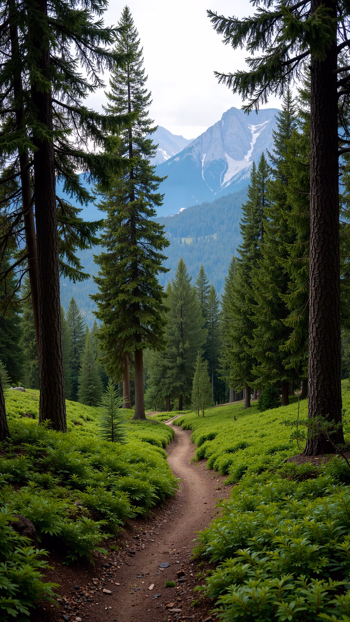 A tranquil forest path leading to distant mountains, surrounded by lush greenery.