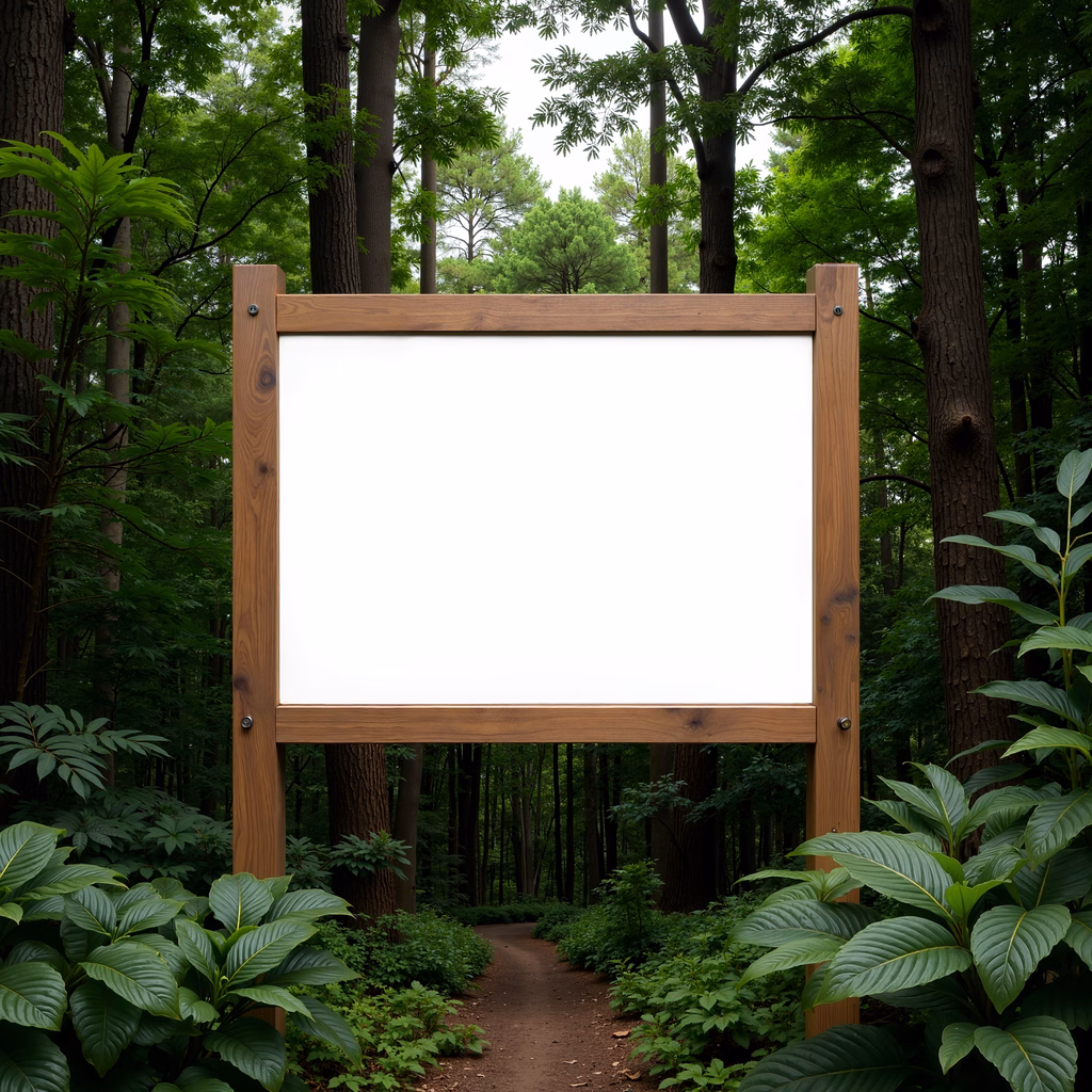 Blank signboard amidst a peaceful forest pathway.