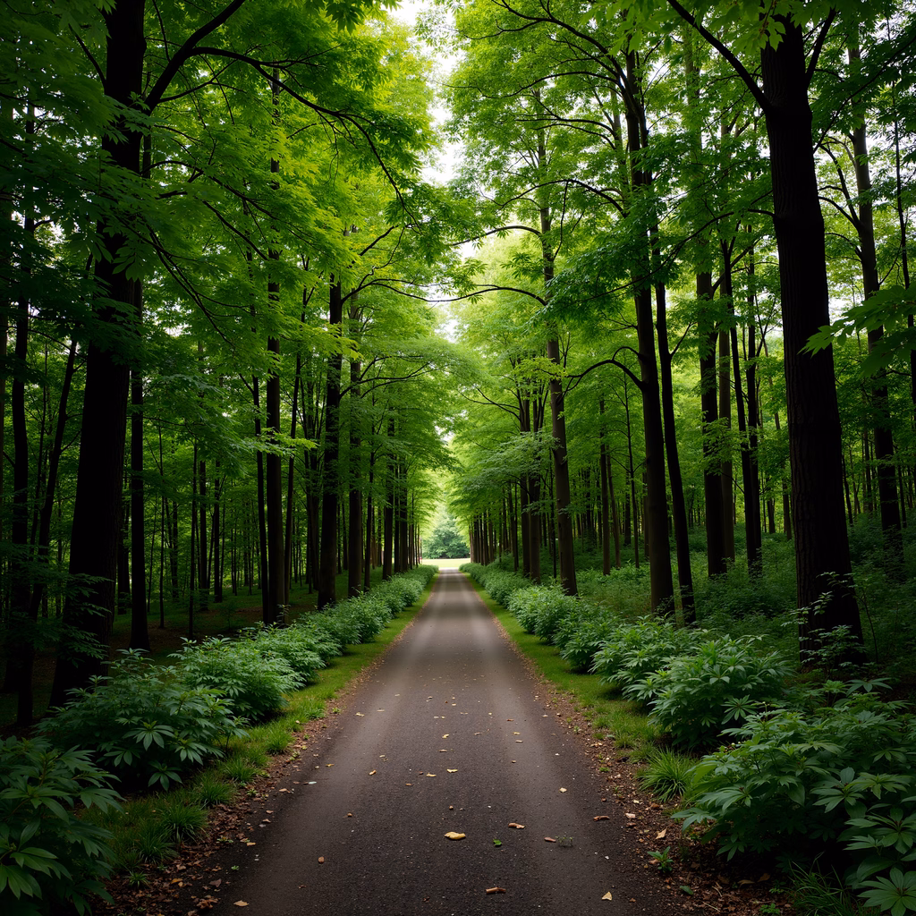 A peaceful forest pathway lined with tall trees and vibrant greenery, leading to a bright opening.