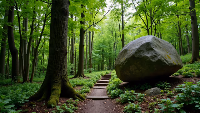 Forest Pathway with Giant Boulder