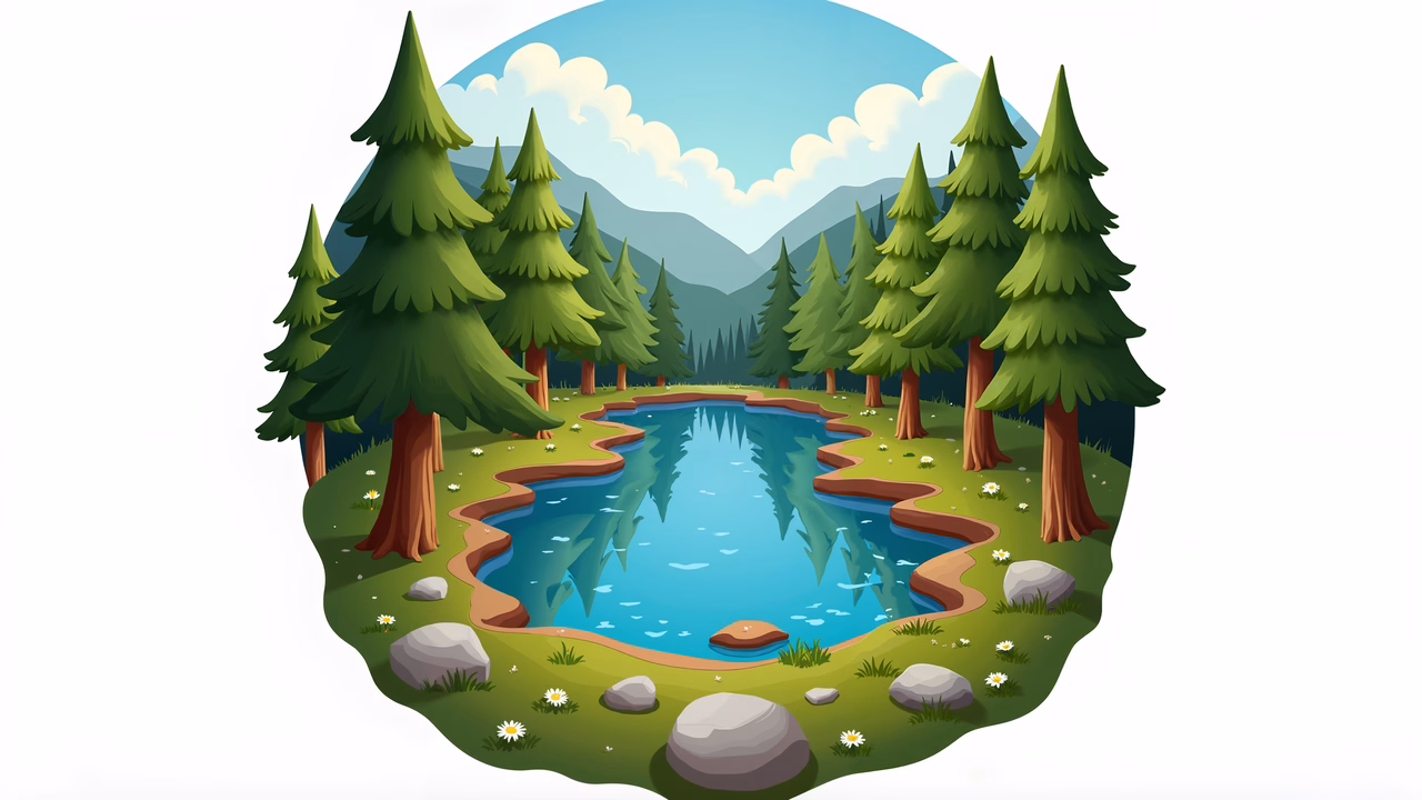 A peaceful forest pond surrounded by pine trees, reflecting tranquility and nature's beauty.