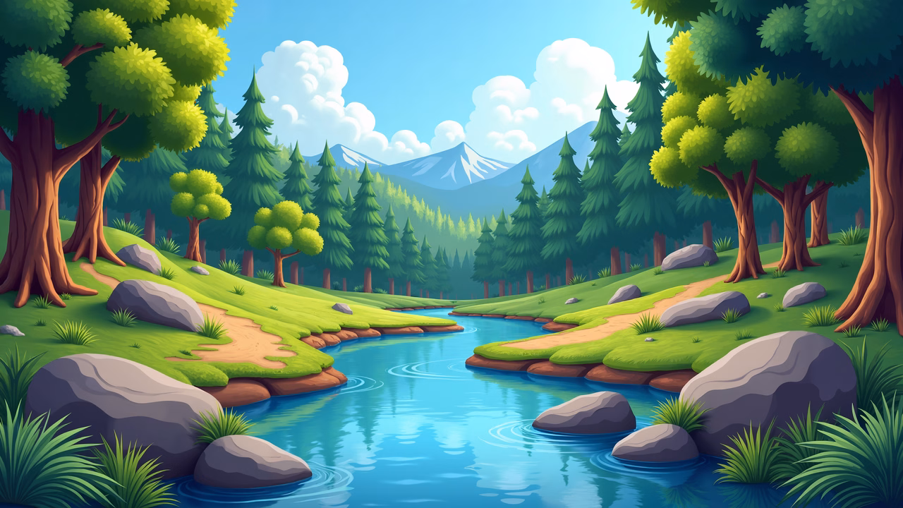 A tranquil forest river scene with tall pines and clear skies.