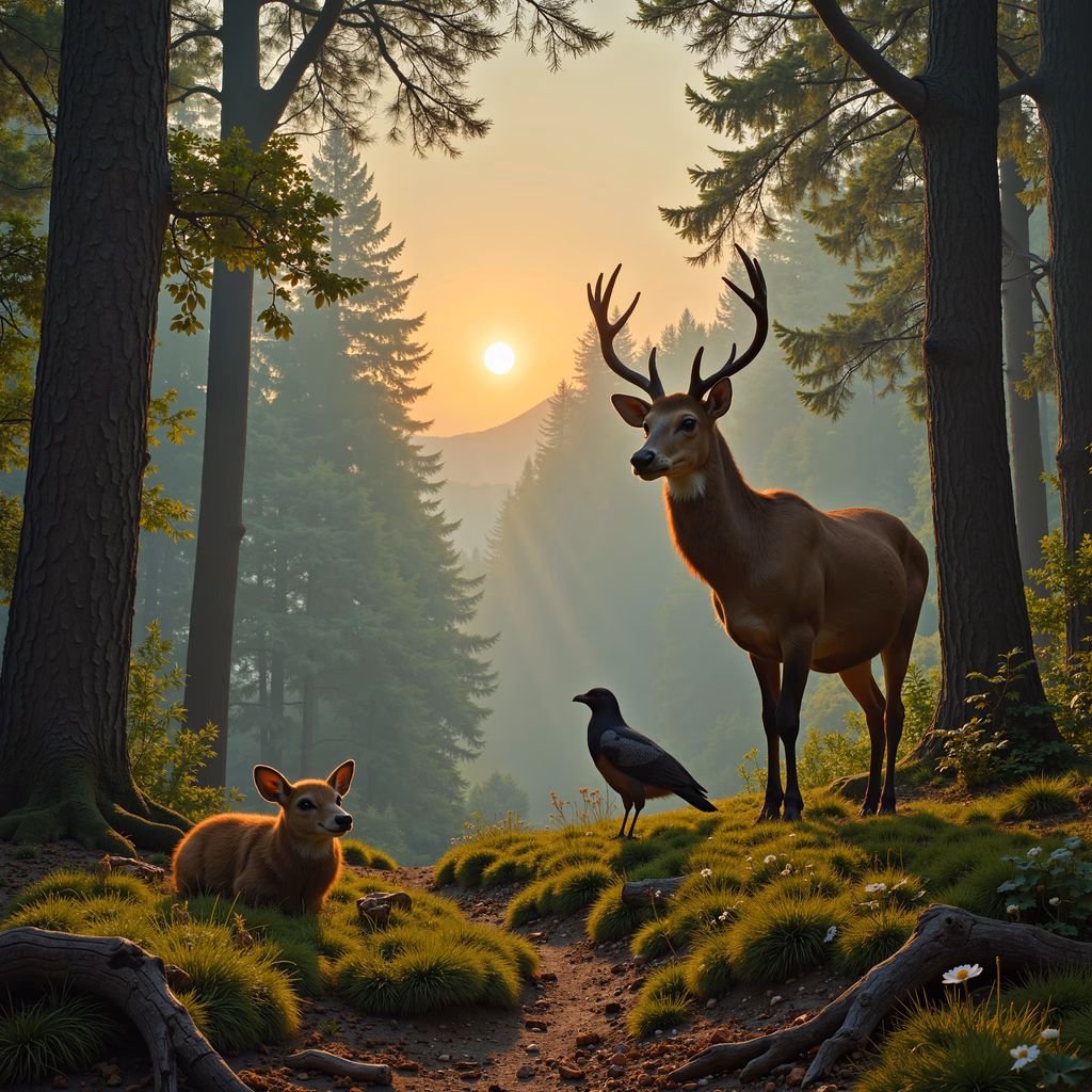 A peaceful forest scene featuring deer and a crow at sunrise.