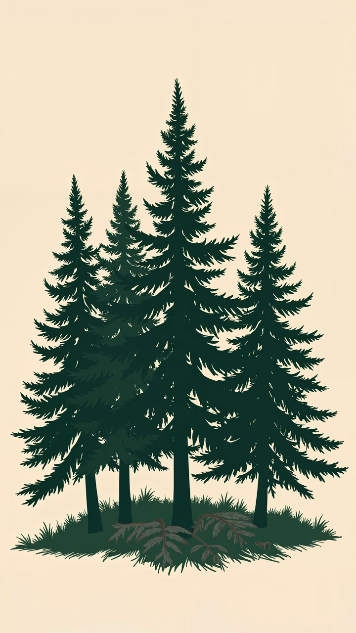 Minimalist forest silhouette in green and beige tones.