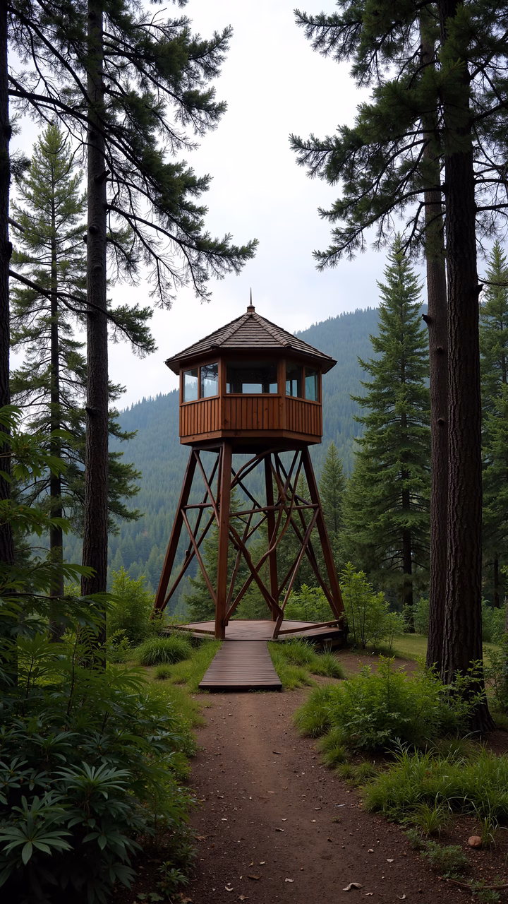 A peaceful forest watchtower surrounded by tall trees and lush greenery.