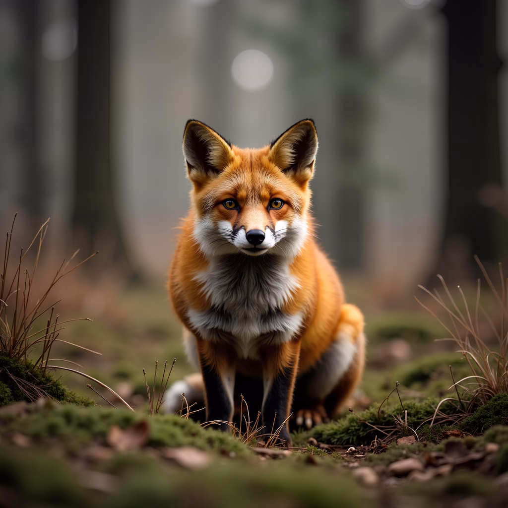 Close-up of a fox in a forest, showcasing its vibrant fur and serene surroundings.