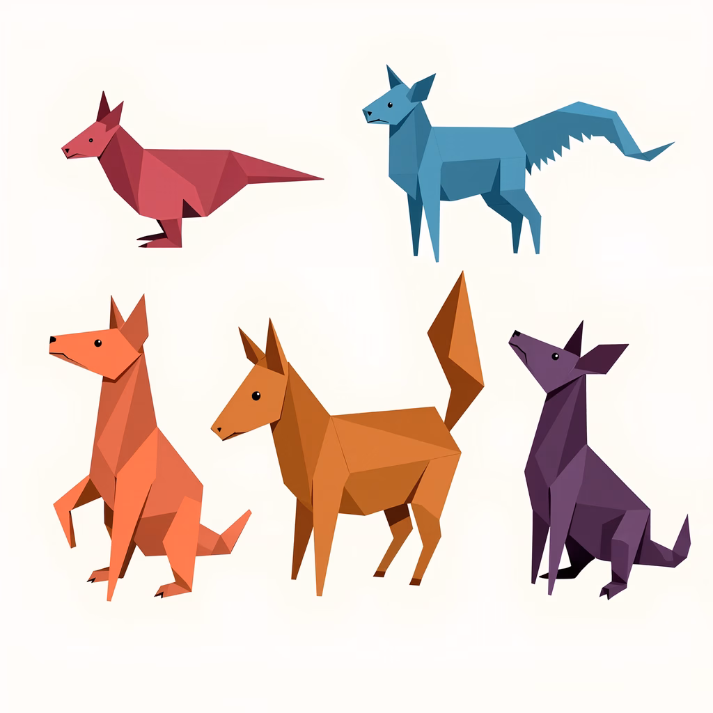 Geometrically stylized animals in vibrant colors against a neutral background.