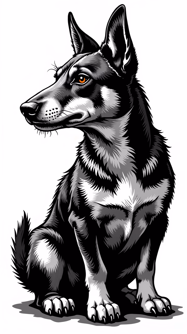Detailed monochrome illustration of a German Shepherd in a poised sitting position.