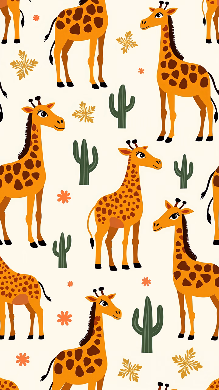 Playful giraffes and cacti in a cheerful, child-friendly illustration.