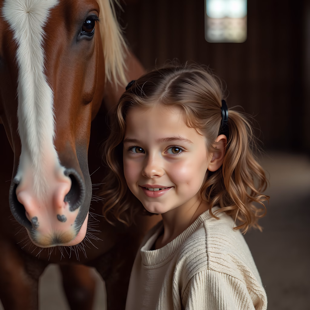 Close-up portrait of a girl and her horse, capturing a moment of connection and warmth.