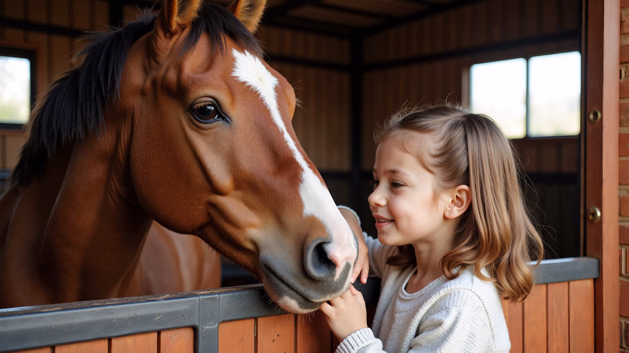 A tender moment of connection between a girl and her horse in a rustic stable setting.