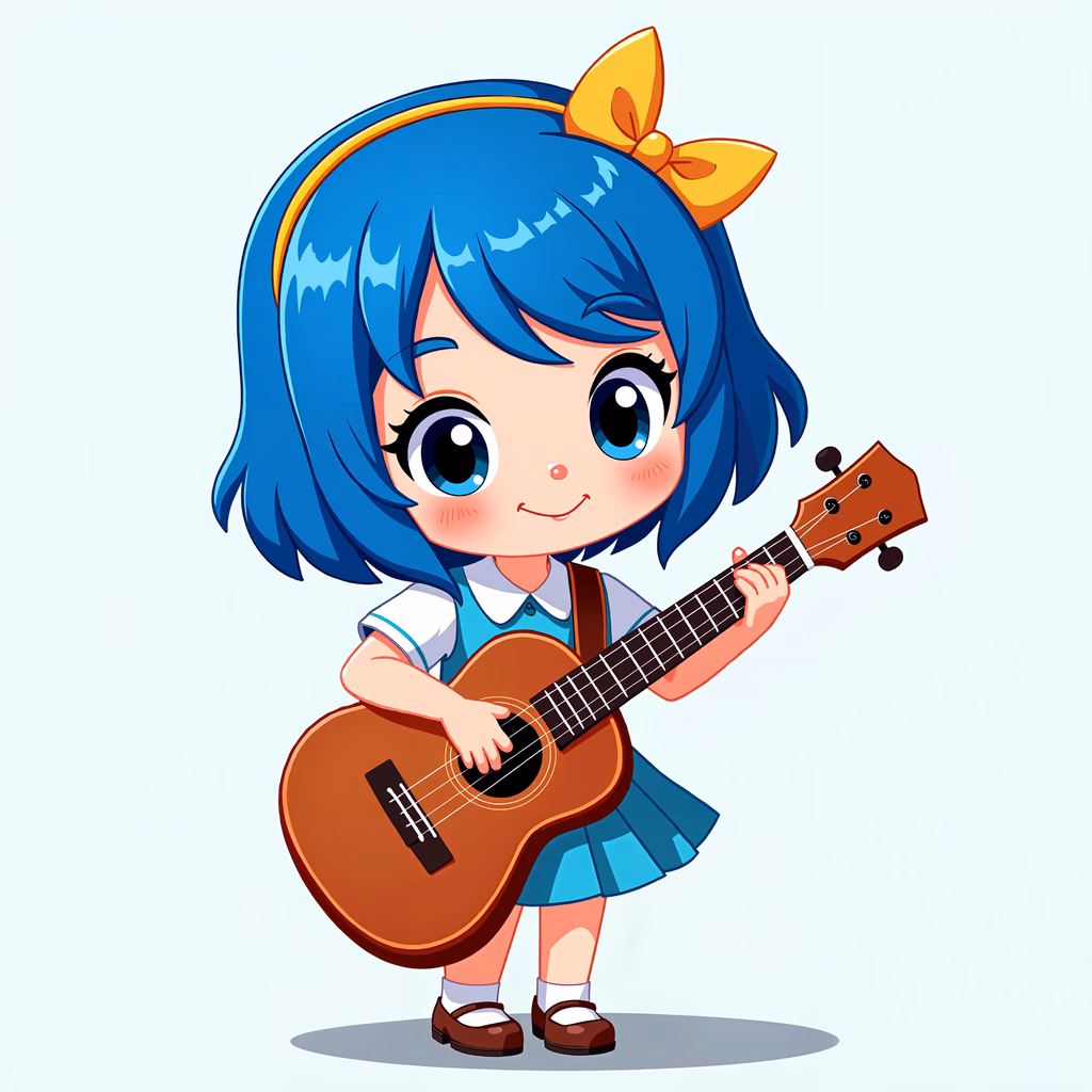 A joyful girl with blue hair plays a guitar in a soft, pastel-colored illustration.