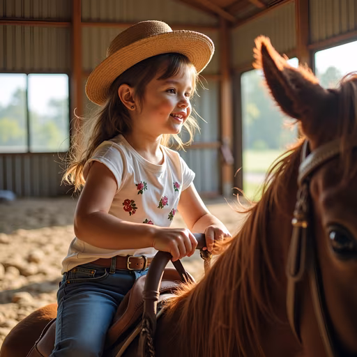 Girl Riding Horse in Barn