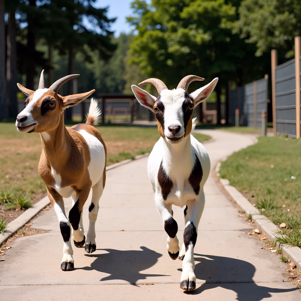 Goats running on a sunny pathway, vibrant nature backdrop.