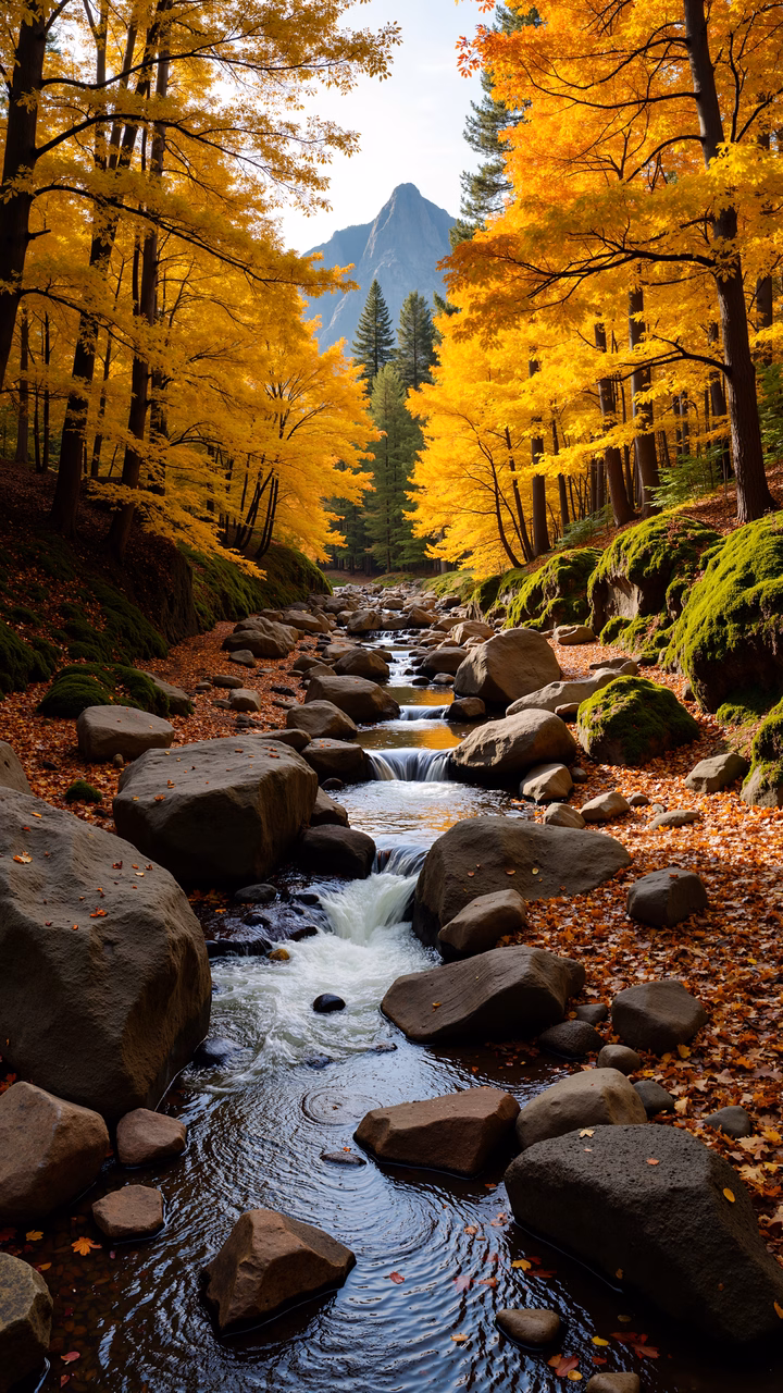 Golden autumn forest with flowing stream and mountain backdrop.