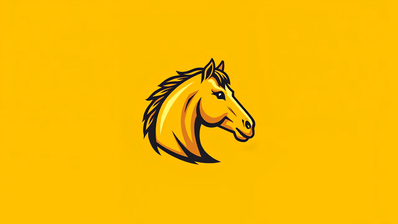 Boldly stylized horse head on a yellow background.