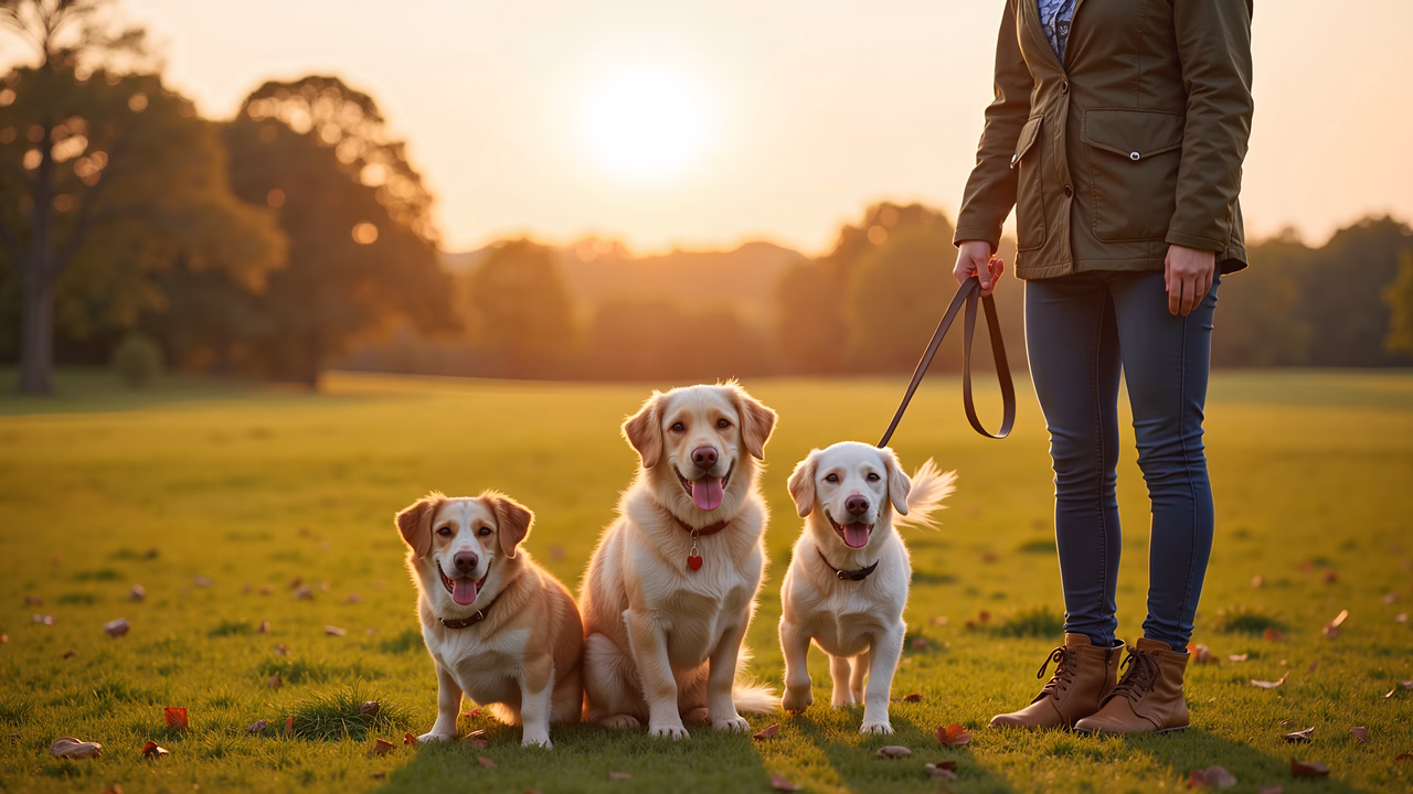 Golden retrievers enjoying a peaceful sunset walk.